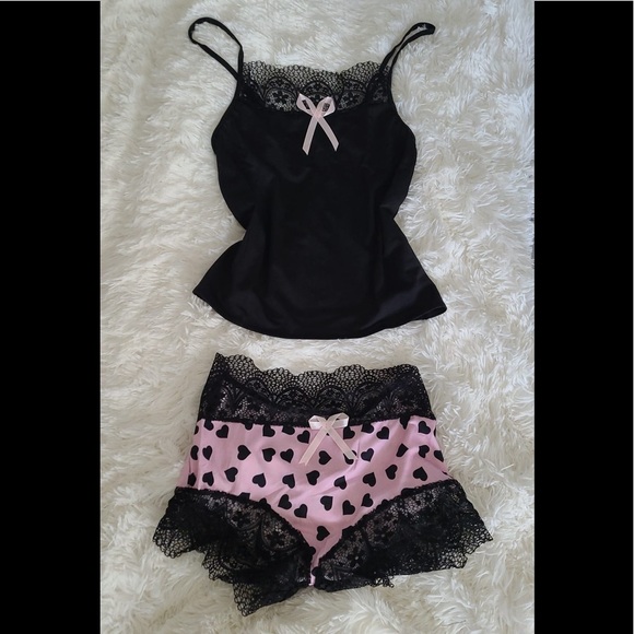 Strap Lace Pajama Set Sleeveless heart print pink - Picture 2 of 3